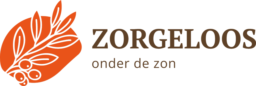 Logo van Zorgeloos onder de Zon met olijftak – symbool voor rust, hulp en regelgeving in Spanje