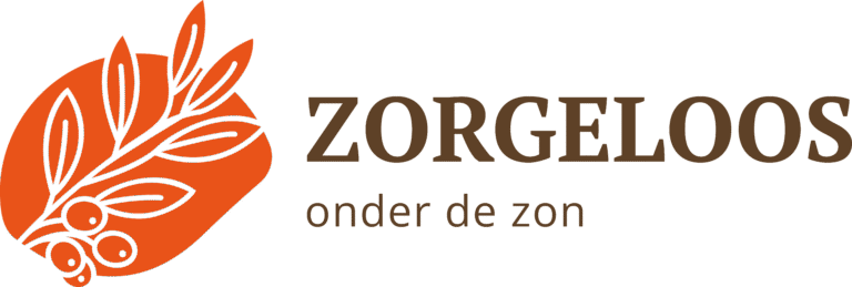 Logo van Zorgeloos onder de Zon met olijftak – symbool voor rust, hulp en regelgeving in Spanje