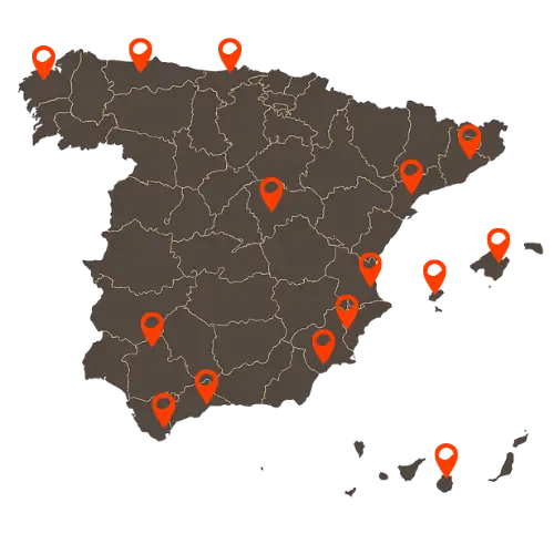 Kaart van Spanje met markeringen aan alle costa’s, de Balearen en de Canarische Eilanden, weergegeven met oranje zon-blad icoontjes